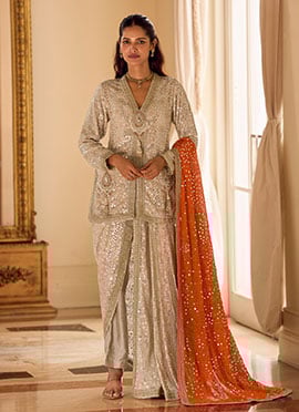 Elegant Beige Faux Georgette Sequins Embroidered Dhoti Suit