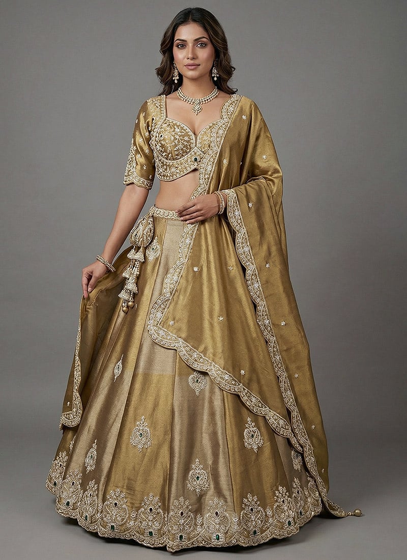 Elegant Beige Gold Silk Tissue Embroidered Umbrella Lehenga Wedding Wear