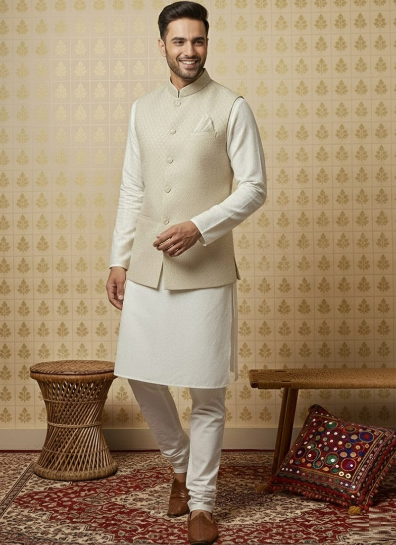 Elegant Beige Jacquard Silk Bandhgala Jacket