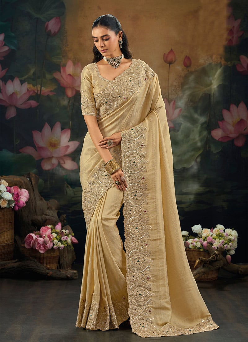 Elegant Beige Kanjivaram Silk Zari Resham Embroidered Moti Cutdana Lace Work Saree Wedding Wear