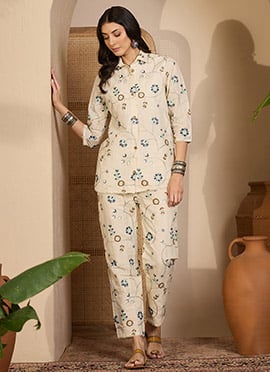 Elegant Beige Khadi Silk Embroidered Co Ord Set