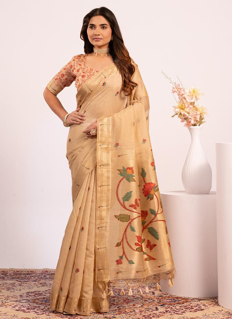 Elegant Beige Muga Cotton Printed Paithani Woven Saree After Six Wear