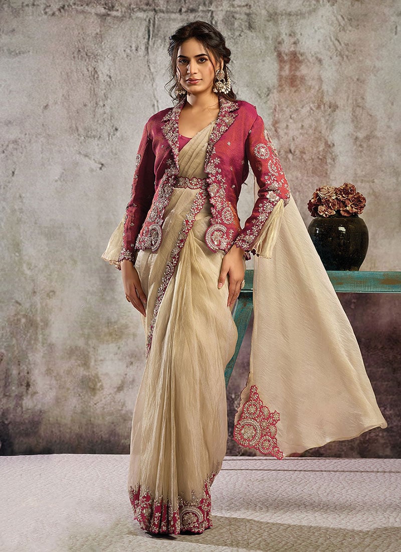 Elegant Beige Organza Satin Hand Embroidered Sequins With Beads Pre Draped Jacket Saree Wedding Wear