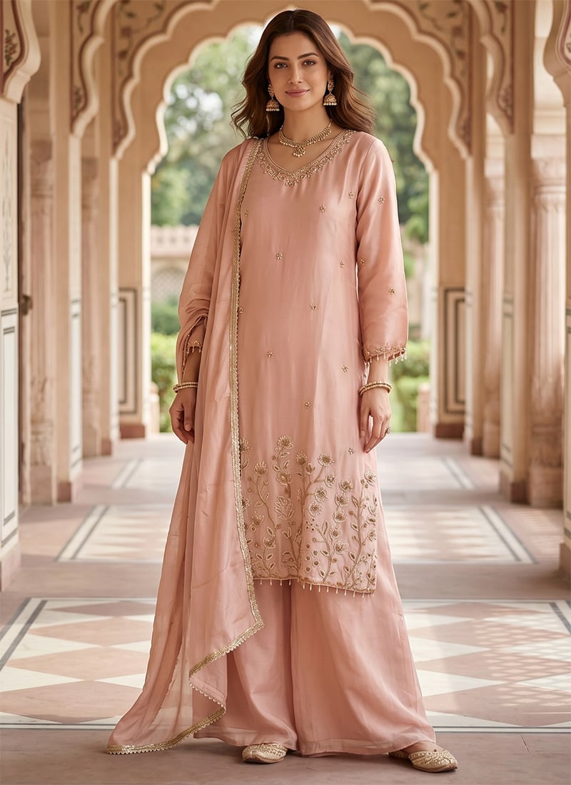 Elegant Beige Rangoli Silk Beads Embroidered Zari Palazzo Suit Festive Wear