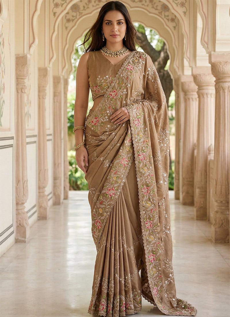 Elegant Beige Rangoli Silk Zari Embroidered Sequins Thread Saree Festive Wear