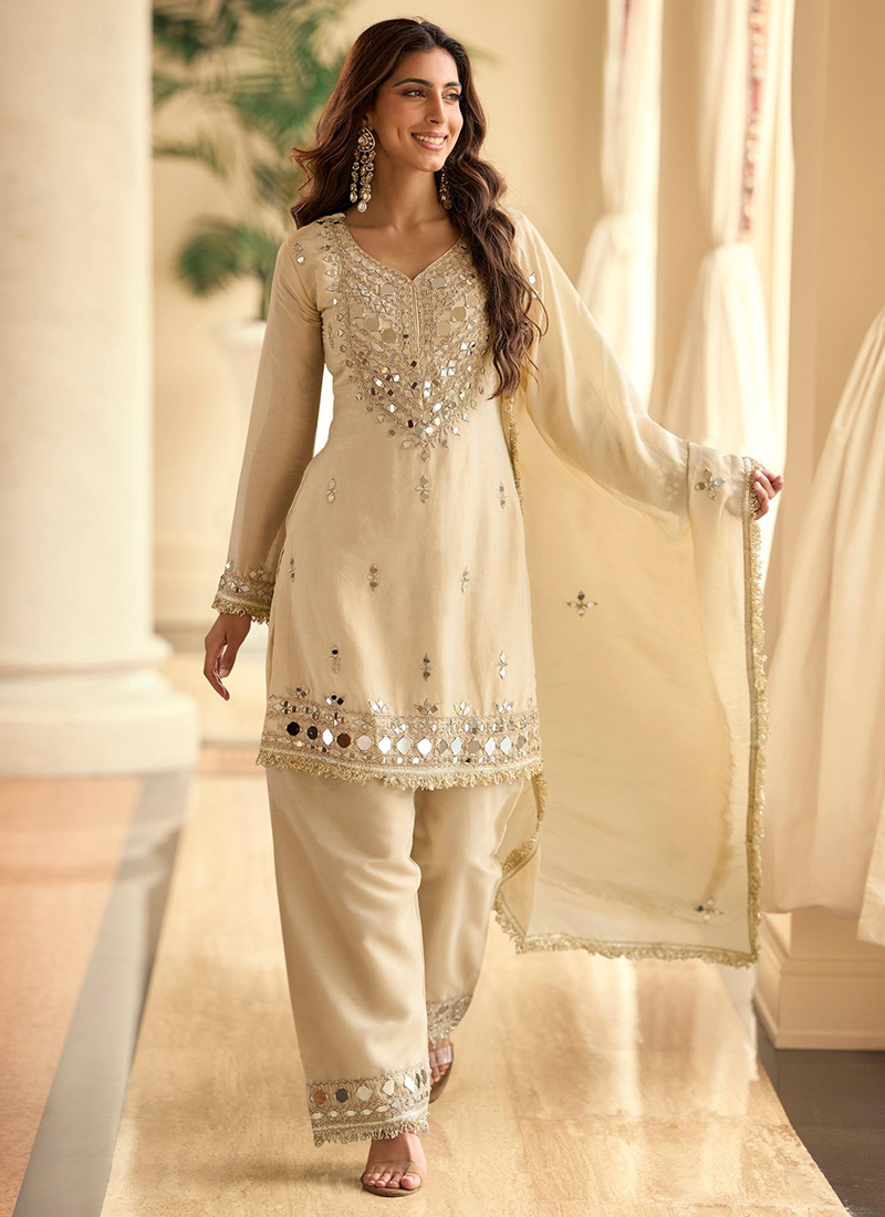Elegant Beige Shimmer Silk Embroidered Mirror Work Straight Pant Suit Festive Wear