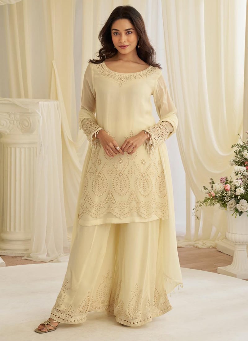 Elegant Beige Silk Embroidered Mirror work Sequins Beads Palazzo Suit Wedding Wear