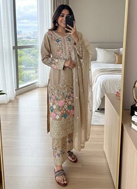 Elegant Beige Silk Embroidered Sequins Stones Thread Palazzo Suit