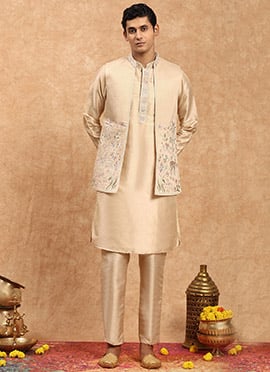 Elegant Beige Silk Embroidered Sequins Thread Bandi Set