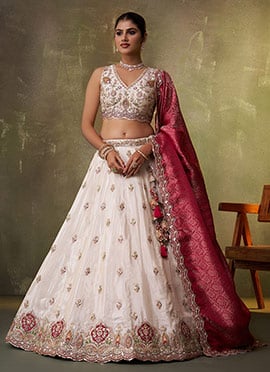 Elegant Beige Tissue Embroidered Sequins And Beads Work Lehenga