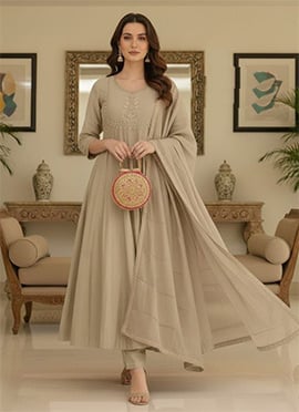 Elegant Beige Vichitra Silk Embroidery Zari Weaving Work Straight Pant Suit