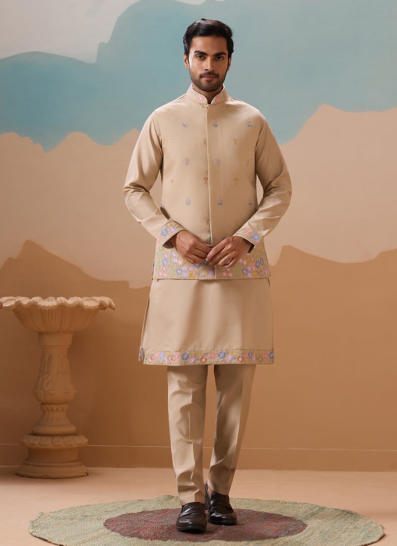 Elegant Beige Viscose Silk Embroidered Sequins Thread Bandi Set Wedding Wear