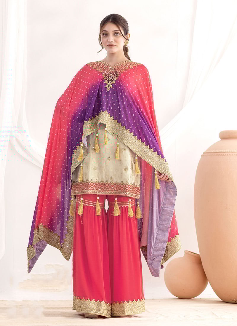 Elegant Beige Viscose Zari Embroidered Sequins With Bandhini Print Sharara Suit Festive Wear