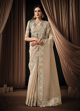 Elegant Beige Zari Organza Satin Sequins Beads Hand Embroidered Stones Saree