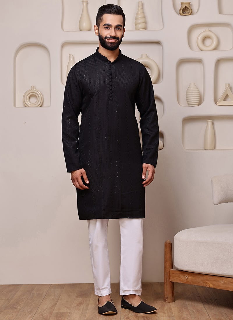 Elegant Black Blended Cotton Sequins Embroidered Kurta Pyjama Festive Wear