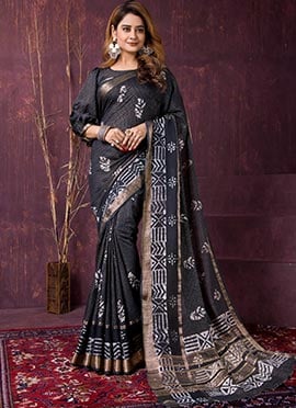 Elegant Black Chanderi Silk Batik Print Saree
