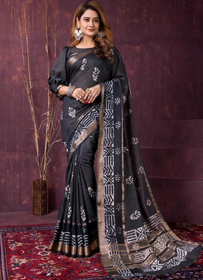 Elegant Black Chanderi Silk Batik Print Saree After Six Wear