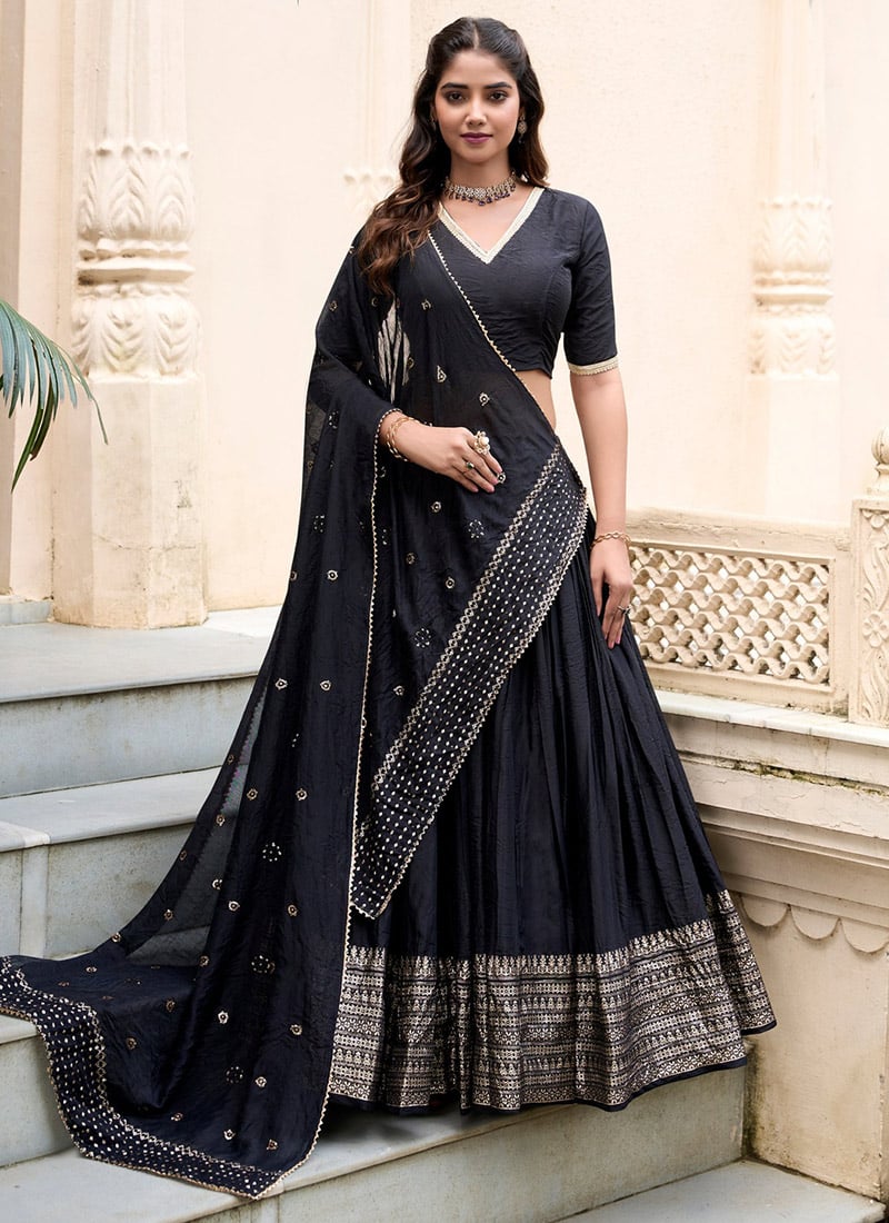 Elegant Black Chanderi Silk Zari Umbrella Lehenga Festive Wear