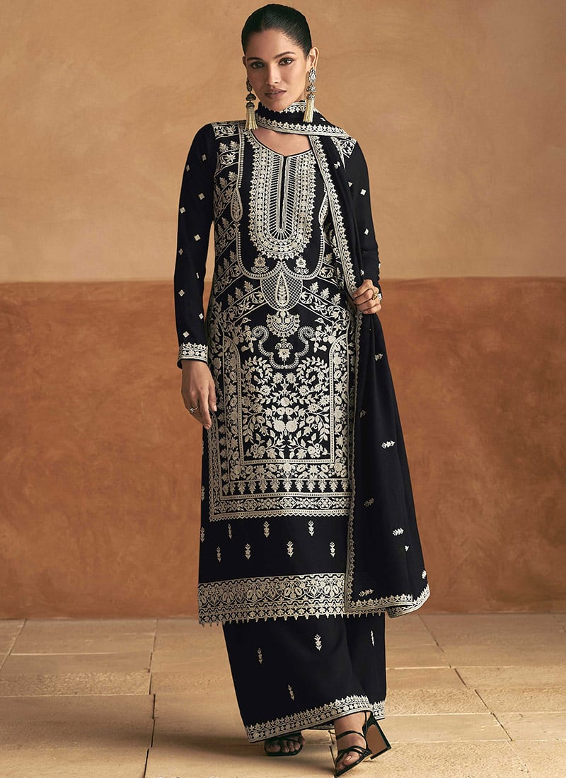 Elegant Black Chinon Embroidered Pakistani Palazzo Suit Festive Wear