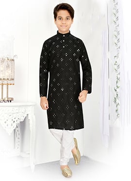Elegant Black Cotton Blend Embroidered Foil Mirror Kids Boys Kurta Pyjama