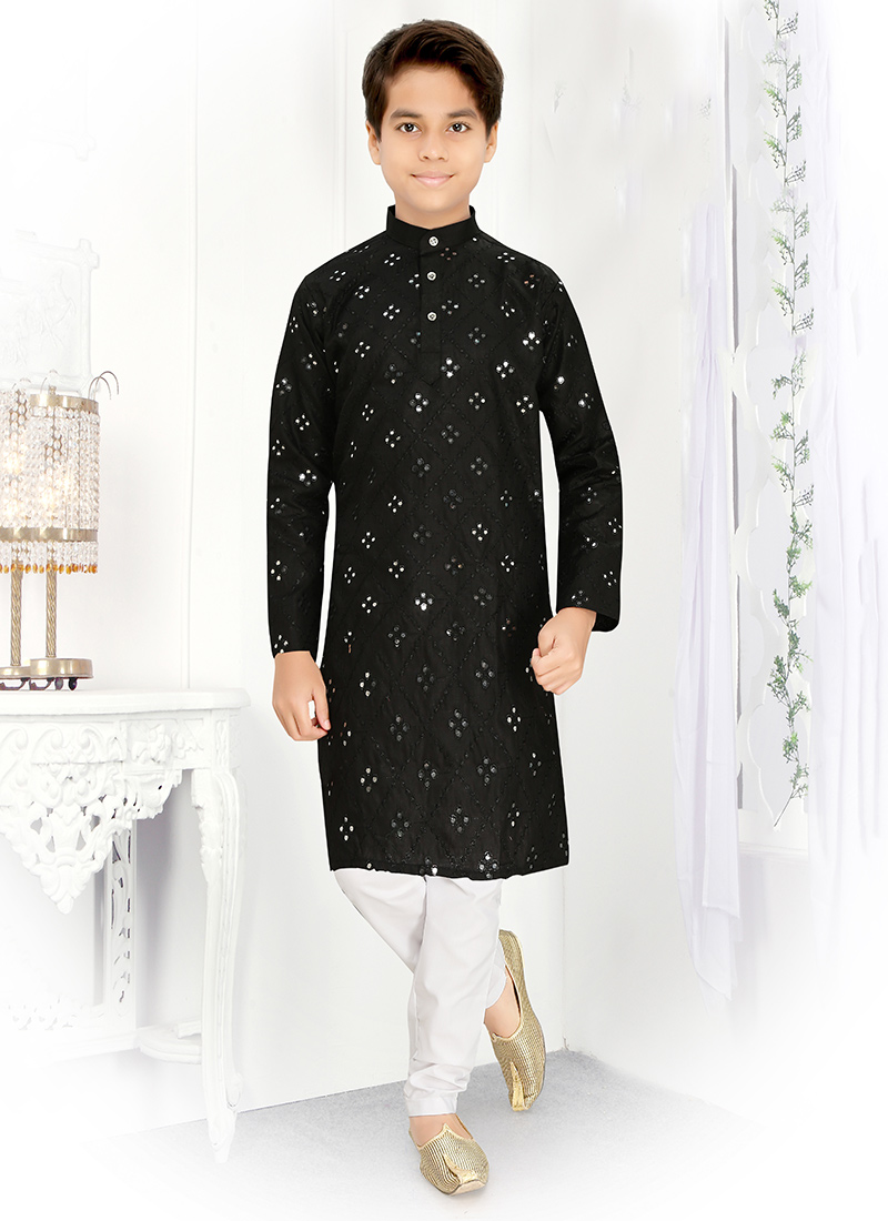 Elegant Black Cotton Blend Embroidered Foil Mirror Kids Boys Kurta Pyjama Festive Wear