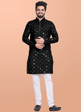 Elegant Black Cotton Blend Foil Mirror Embroidered Kurta Pyjama