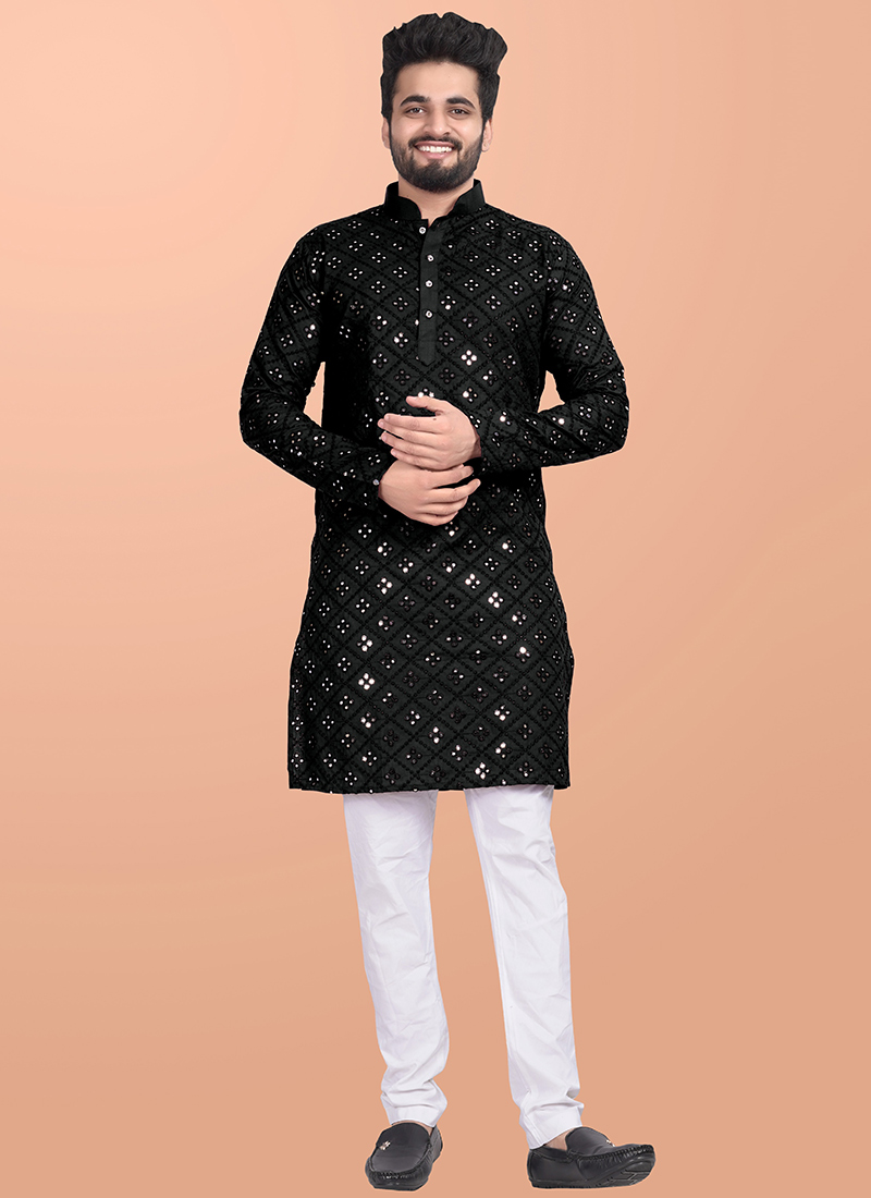 Elegant Black Cotton Blend Foil Mirror Embroidered Kurta Pyjama Festive Wear