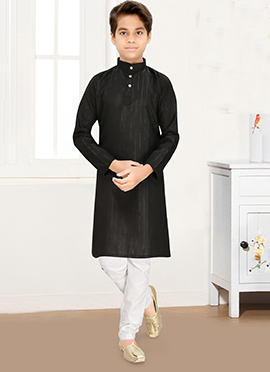 Elegant Black Cotton Blend Zari Kids Boys Kurta Pyjama