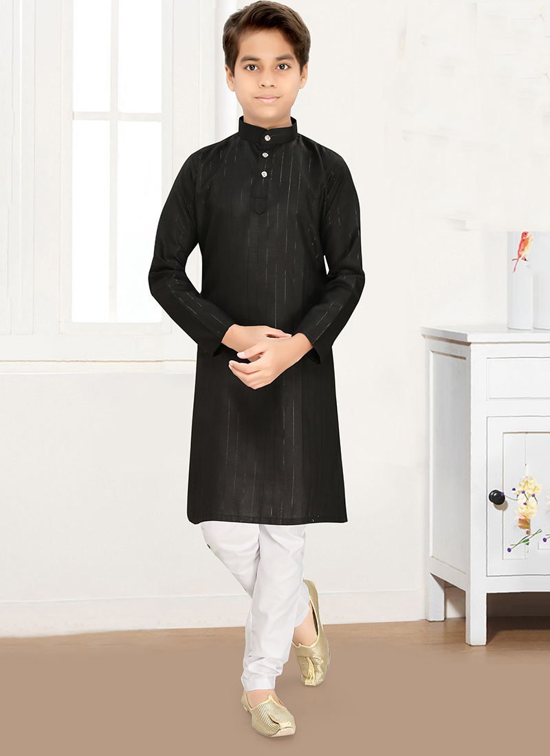 Elegant Black Cotton Blend Zari Kids Boys Kurta Pyjama Festive Wear