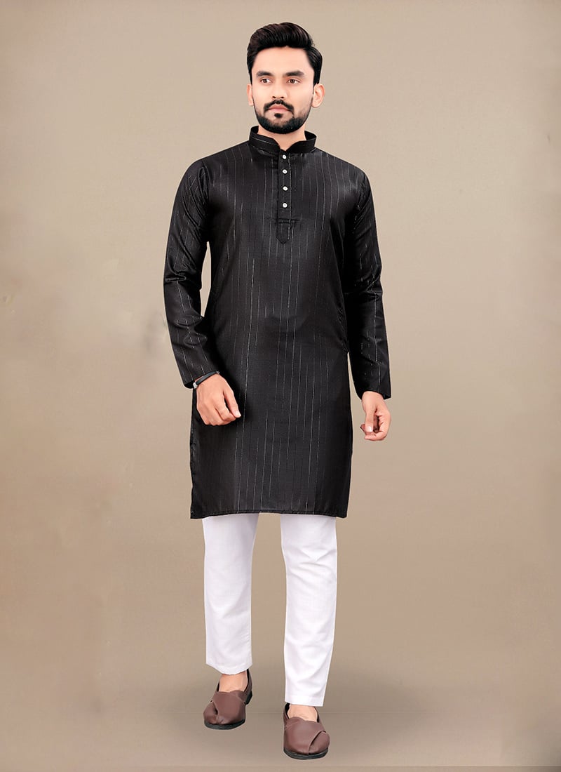 Elegant Black Cotton Blend Zari Kurta Pyjama Festive Wear