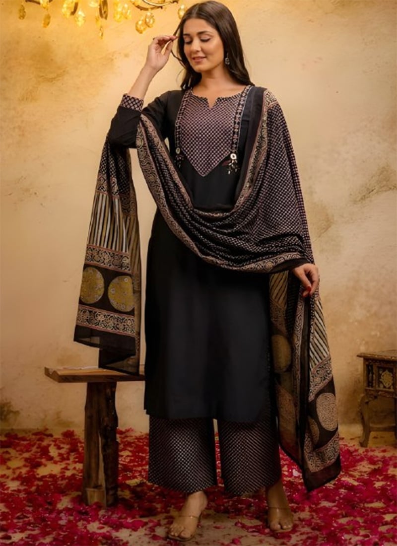 Elegant Black Cotton Printed Embroidered Palazzo Suit After Six Wear