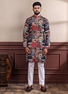 Elegant Black Cotton Printed Kurta Pyjama