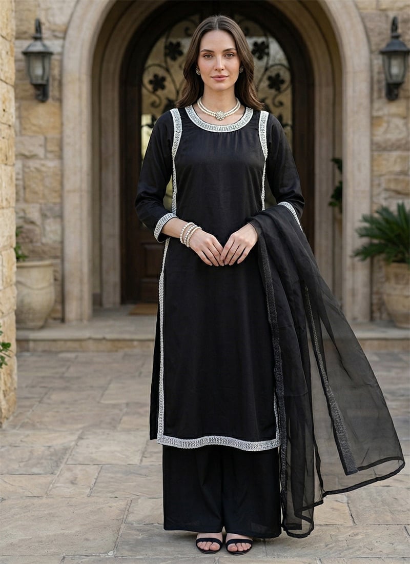 Elegant Black Crepe Beads Lace Work Palazzo Suit Festive Wear