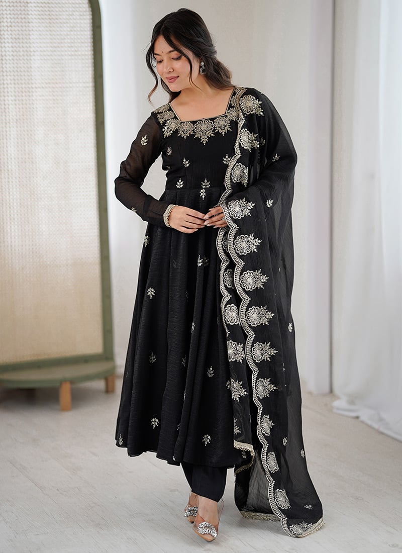 Elegant Black Crunchy Silk Embroidered Sequins Anarkali Suit Festive Wear