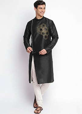 Elegant Black Dupion Silk Embroidered Kurta Pyjama