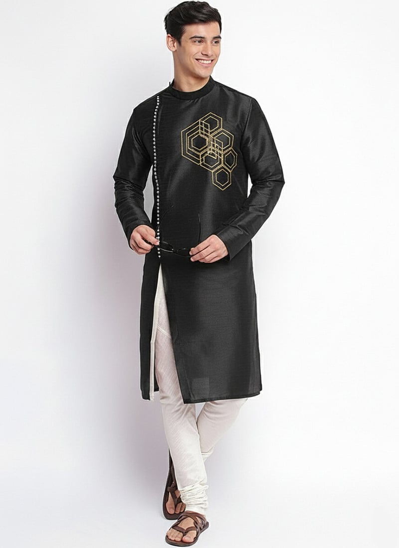 Elegant Black Dupion Silk Embroidered Kurta Pyjama Festive Wear