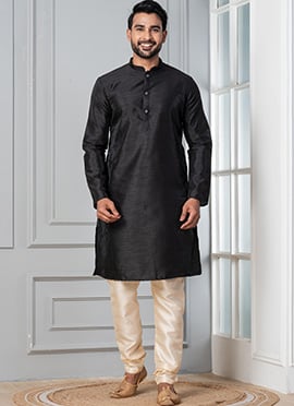 Elegant Black Dupion Silk Plain Kurta Pyjama