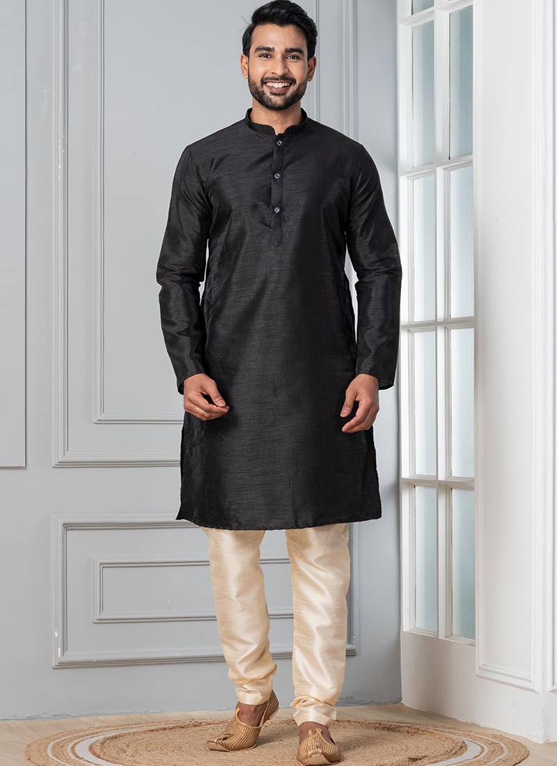 Elegant Black Dupion Silk Plain Kurta Pyjama Festive Wear