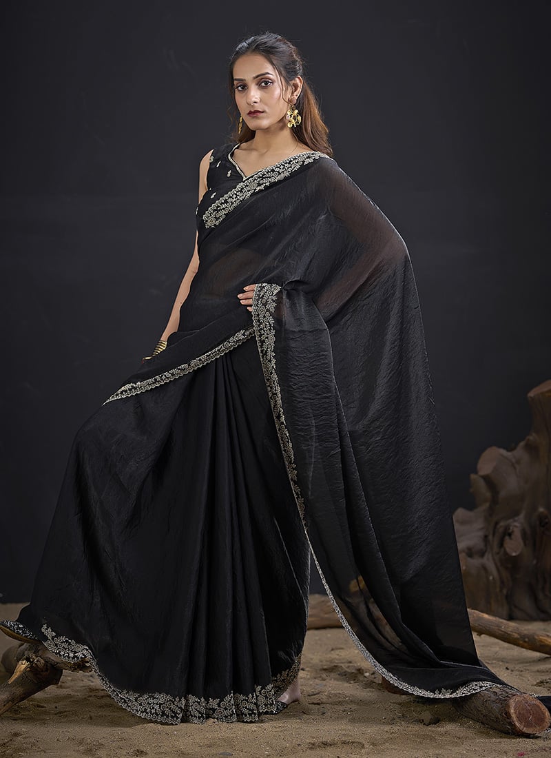 Elegant Black Fandy Satin Silk Two Tone Tikki Work Hand Embroidery Saree After Six Wear