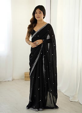 Elegant Black Fendy Satin Sequins Embroidered Saree