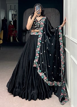 Elegant Black Fendy Silk Sequins Embroidered Thread Umbrella Lehenga