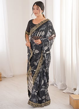 Elegant Black Georgette Embroidered Sequins Floral Print Saree