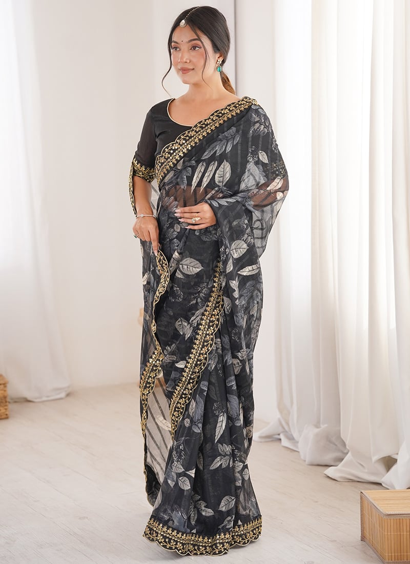 Elegant Black Georgette Embroidered Sequins Floral Print Saree After Six Wear