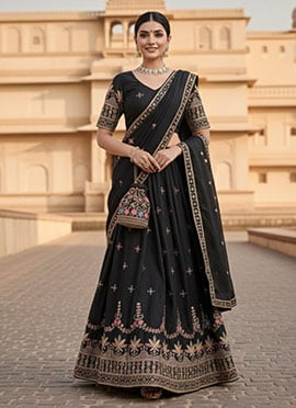 Elegant Black Georgette Embroidered Thread A Line Lehenga