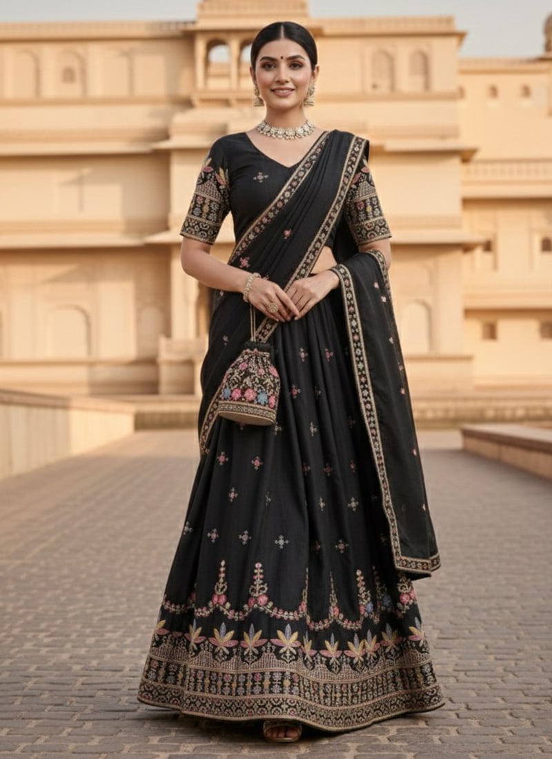 Elegant Black Georgette Embroidered Thread A Line Lehenga Wedding Wear