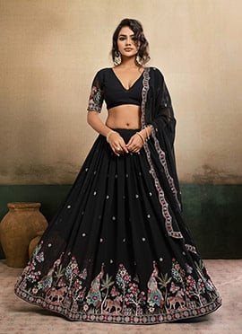Elegant Black Georgette Embroidery Work Umbrella Lehenga