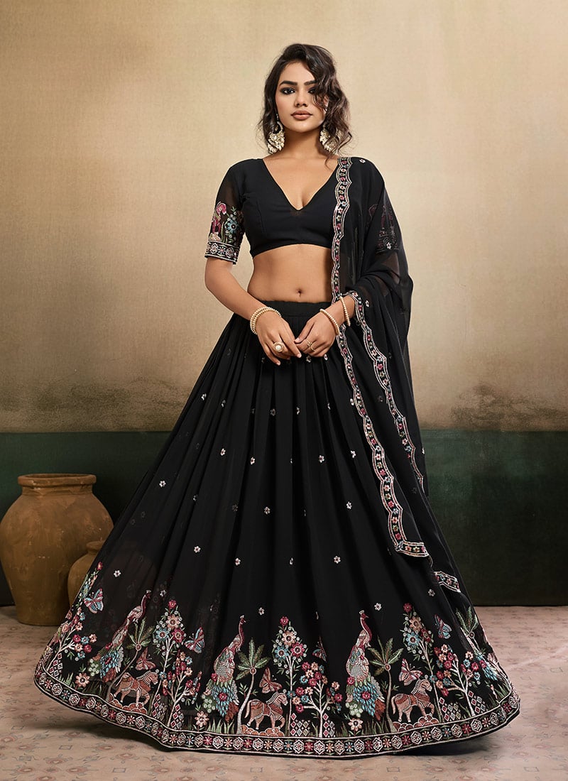 Elegant Black Georgette Embroidery Work Umbrella Lehenga Wedding Wear