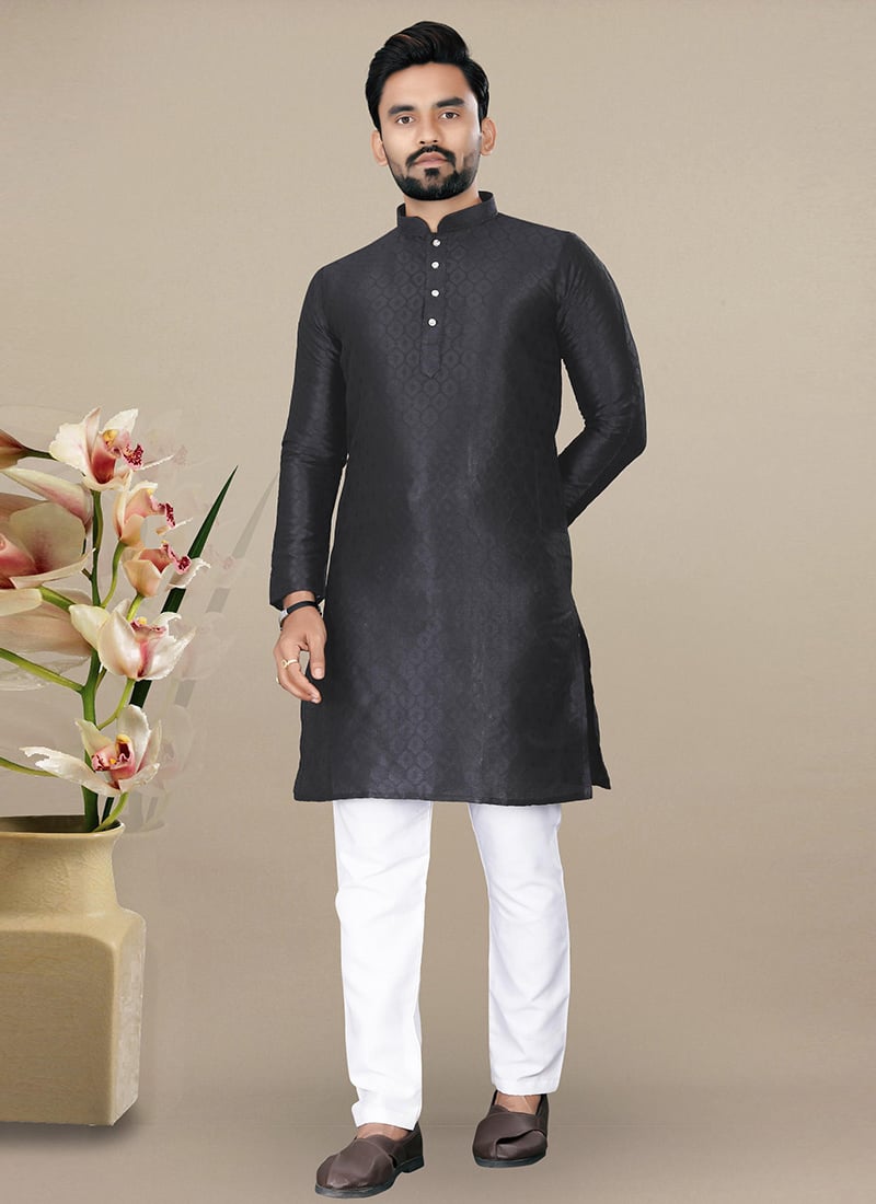 Elegant Black Jacquard Silk Kurta Pyjama Festive Wear