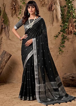 Elegant Black Linen Cotton Zari Woven Saree