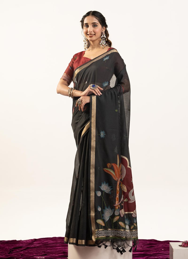Elegant Black Muga Cotton Zari Printed Woven Saree After Six Wear